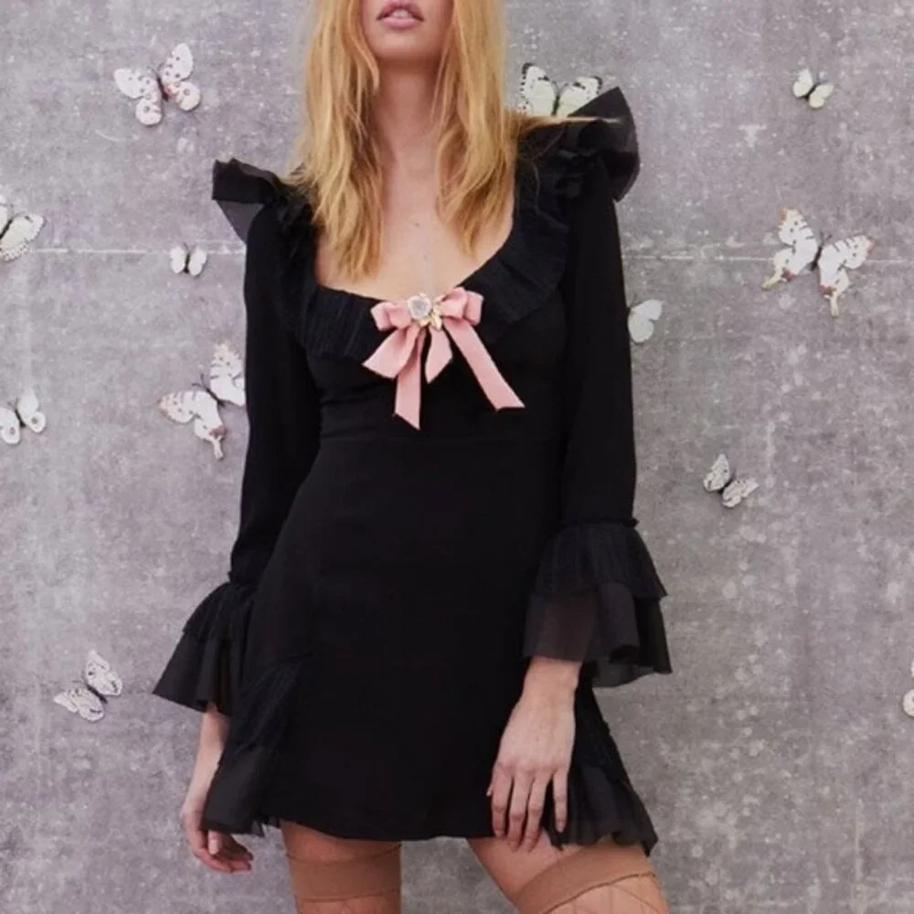 Free People For Love & Lemons Mini Dress XS Flare Sleeve Ruffles Black Prom Grad - Picture 4 of 16